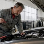Mechanic checking engine of high mileage car