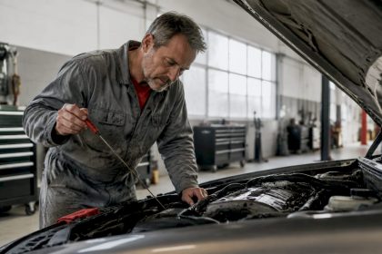 Mechanic checking engine of high mileage car