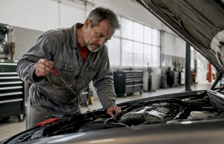 Mechanic checking engine of high mileage car