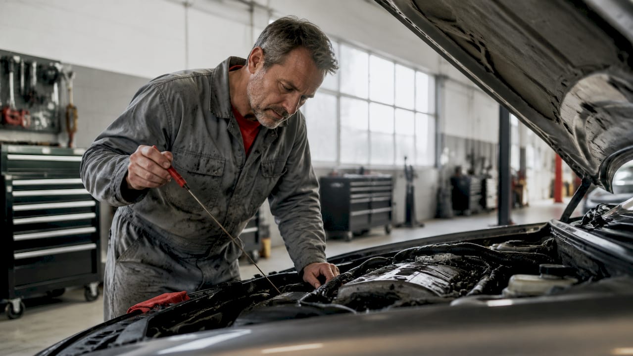 Mechanic checking engine of high mileage car