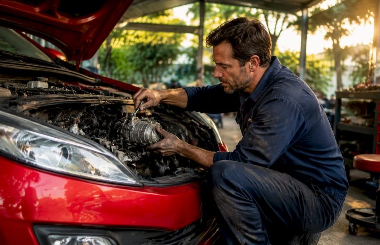 Mechanic repairing car AC compressor under hood