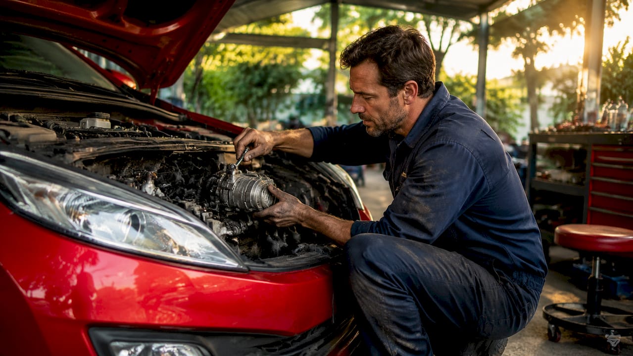 Mechanic repairing car AC compressor under hood