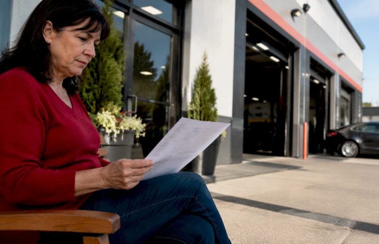 Car owner reviewing printed repair estimate inside vehicle