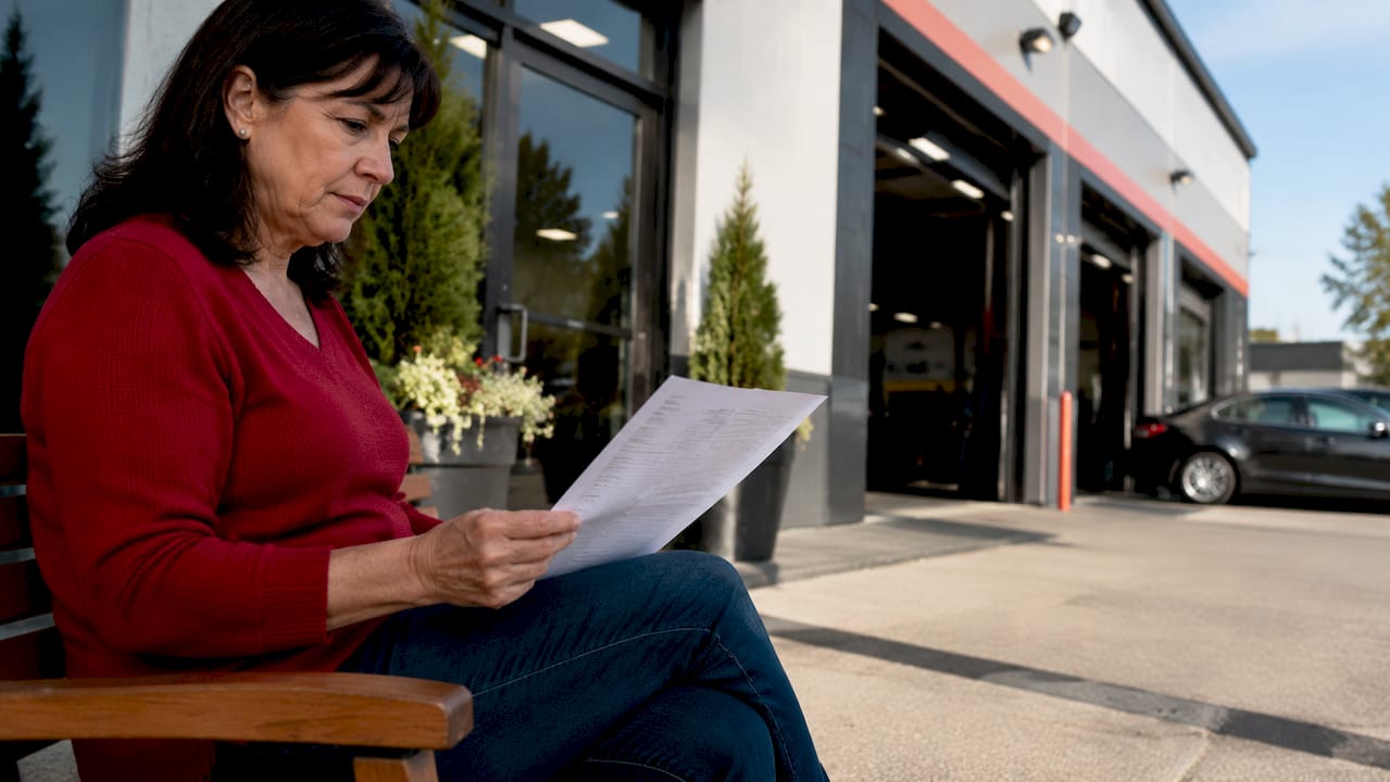 Car owner reviewing printed repair estimate inside vehicle