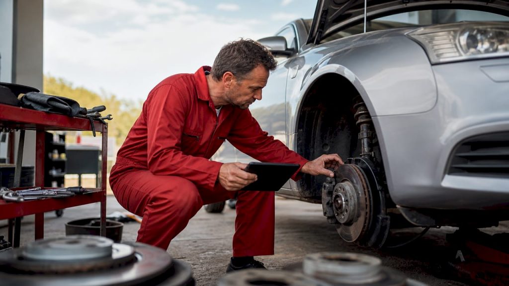 Mechanic inspecting car brake system in garage