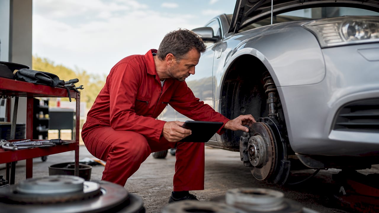 Mechanic inspecting car brake system in garage
