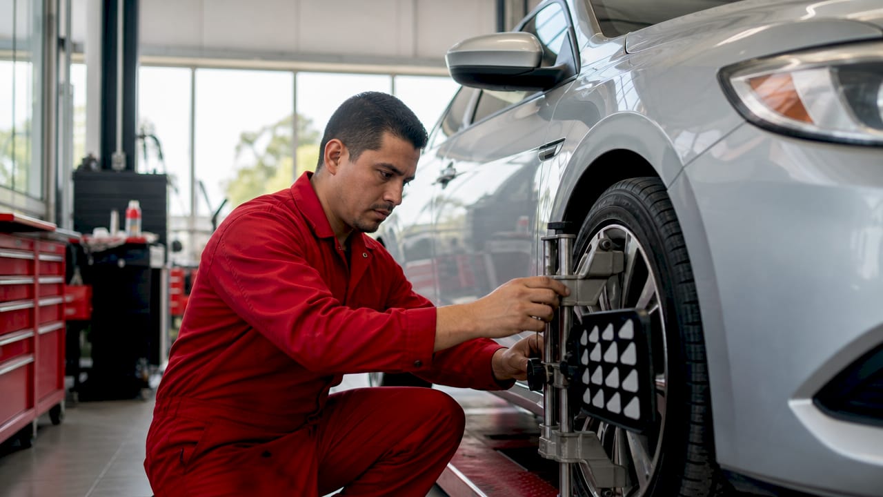 Mechanic checking tire pressure on car's front wheel