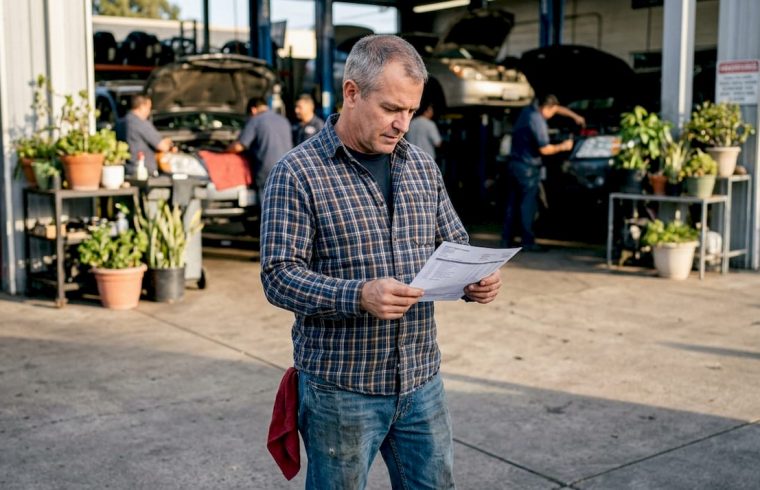 Man reviewing repair estimate in auto shop waiting area
