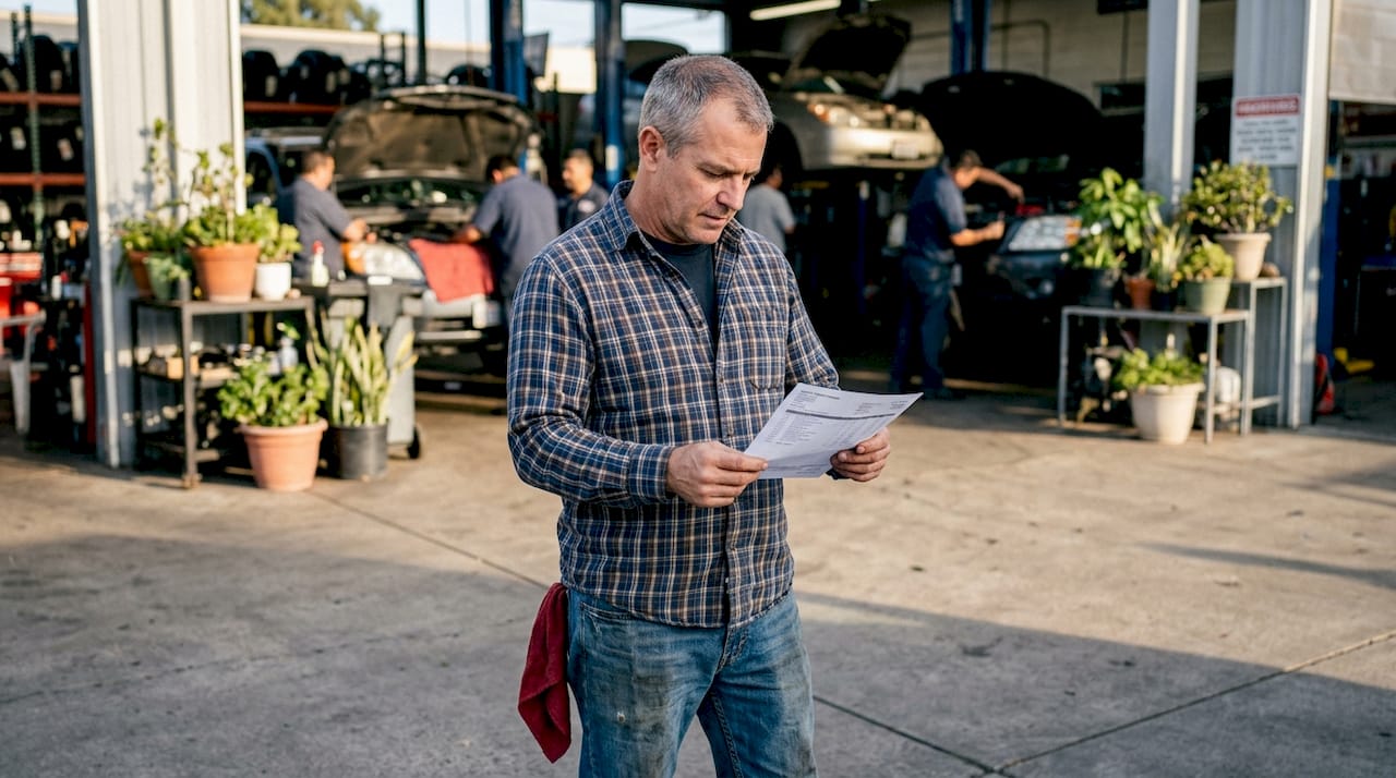 Man reviewing repair estimate in auto shop waiting area