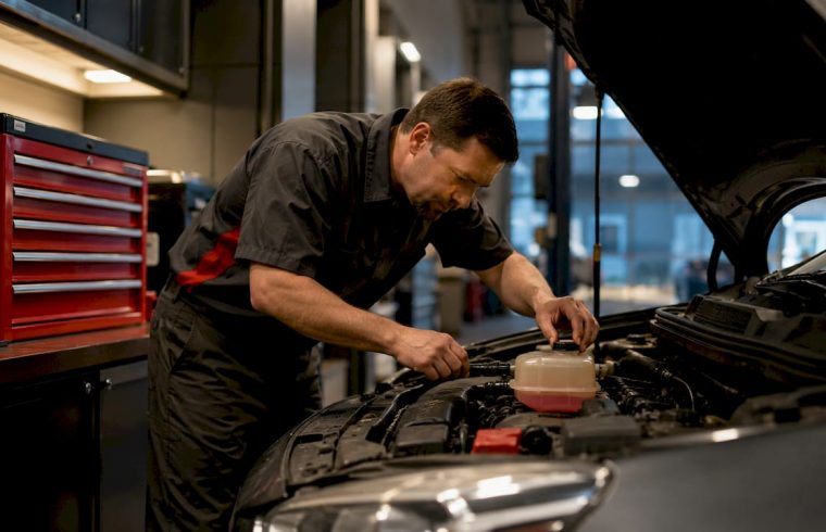 Mechanic checking car engine coolant level