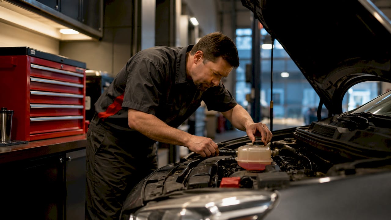 Mechanic checking car engine coolant level