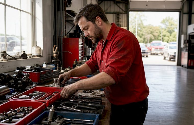 Mechanic organizing tools in garage workspace