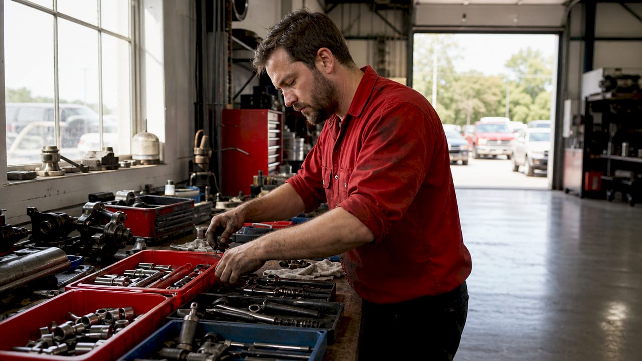 Mechanic organizing tools in garage workspace