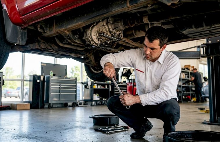 Technician servicing transfer case fluid under SUV