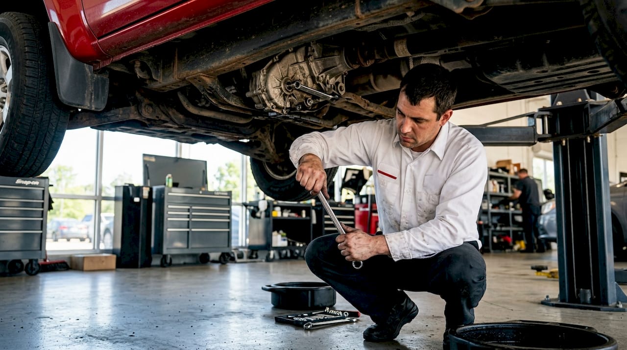 Technician servicing transfer case fluid under SUV