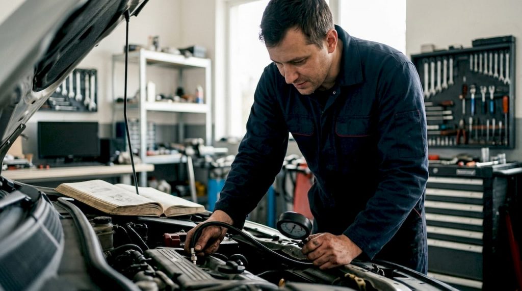 Mechanic performing engine compression test on car engine