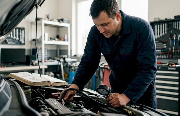Mechanic performing engine compression test on car engine