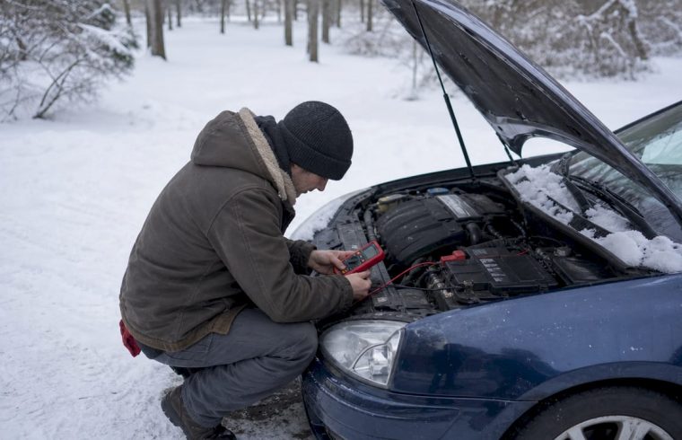 Person testing car battery in snowy driveway