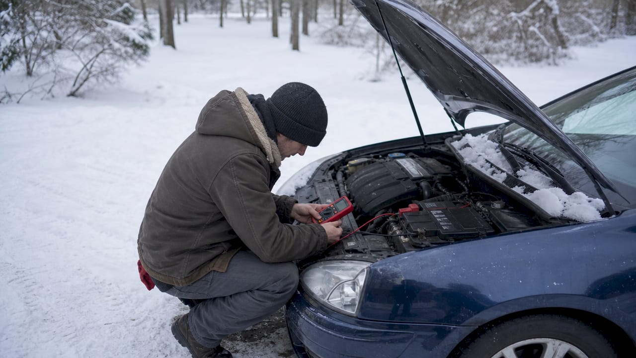 Person testing car battery in snowy driveway