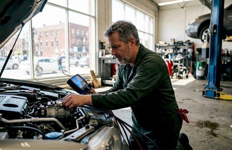 Technician diagnosing car AC system
