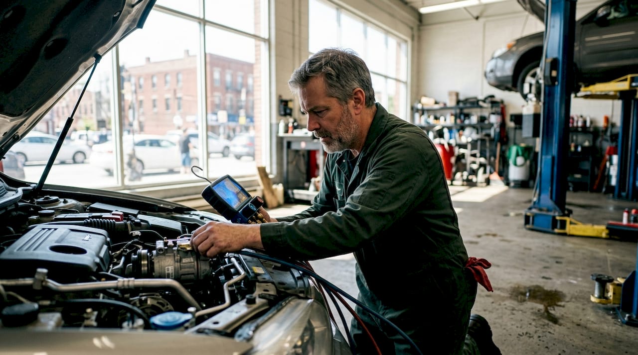 Technician diagnosing car AC system
