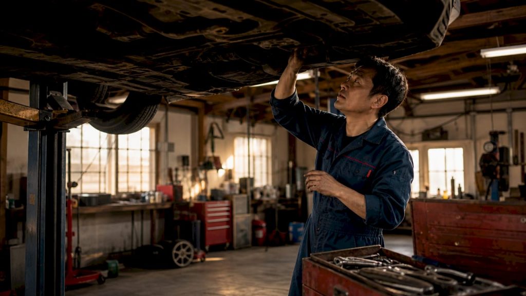 Mechanic inspecting Honda vehicle in garage