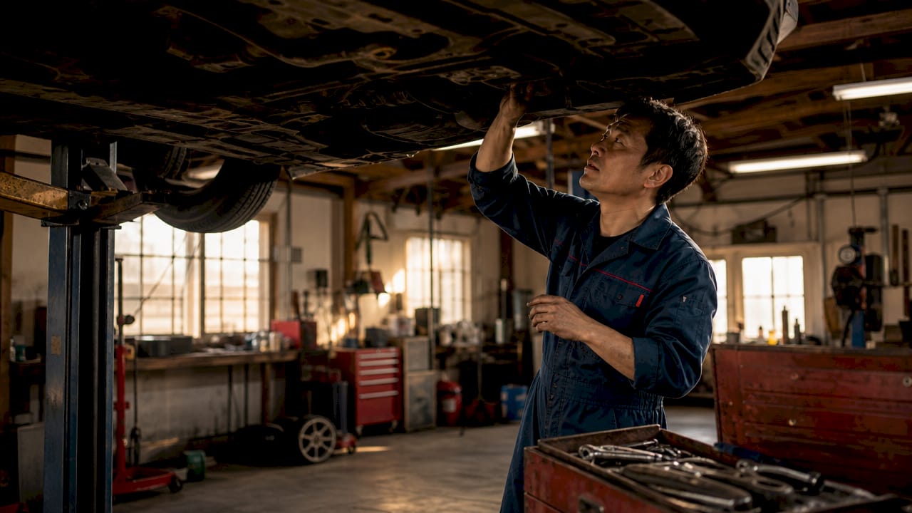 Mechanic inspecting Honda vehicle in garage
