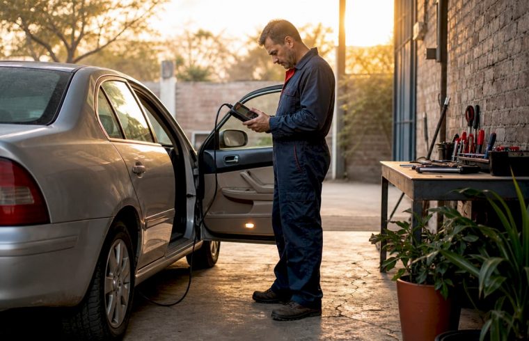 Mechanic performing OBD-II car diagnostic scan