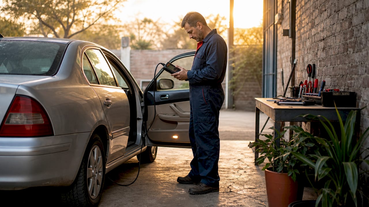 Mechanic performing OBD-II car diagnostic scan
