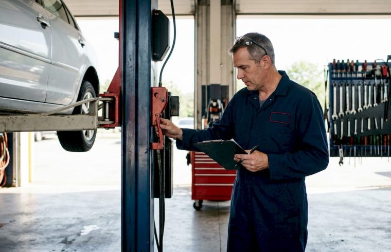 Mechanic inspecting safety checklist in shop