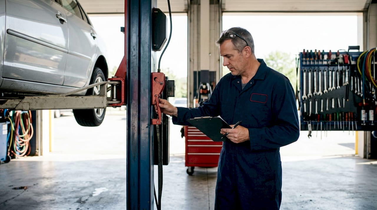 Mechanic inspecting safety checklist in shop