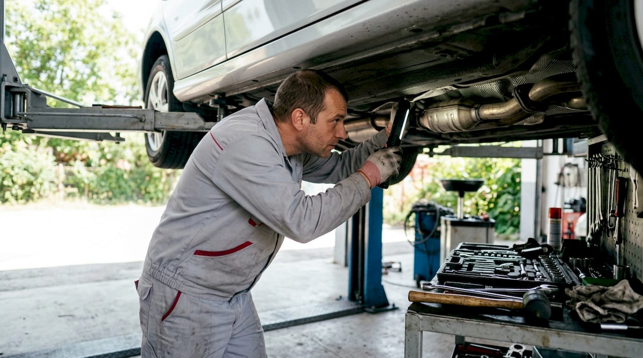 Mechanic inspecting car exhaust system under vehicle