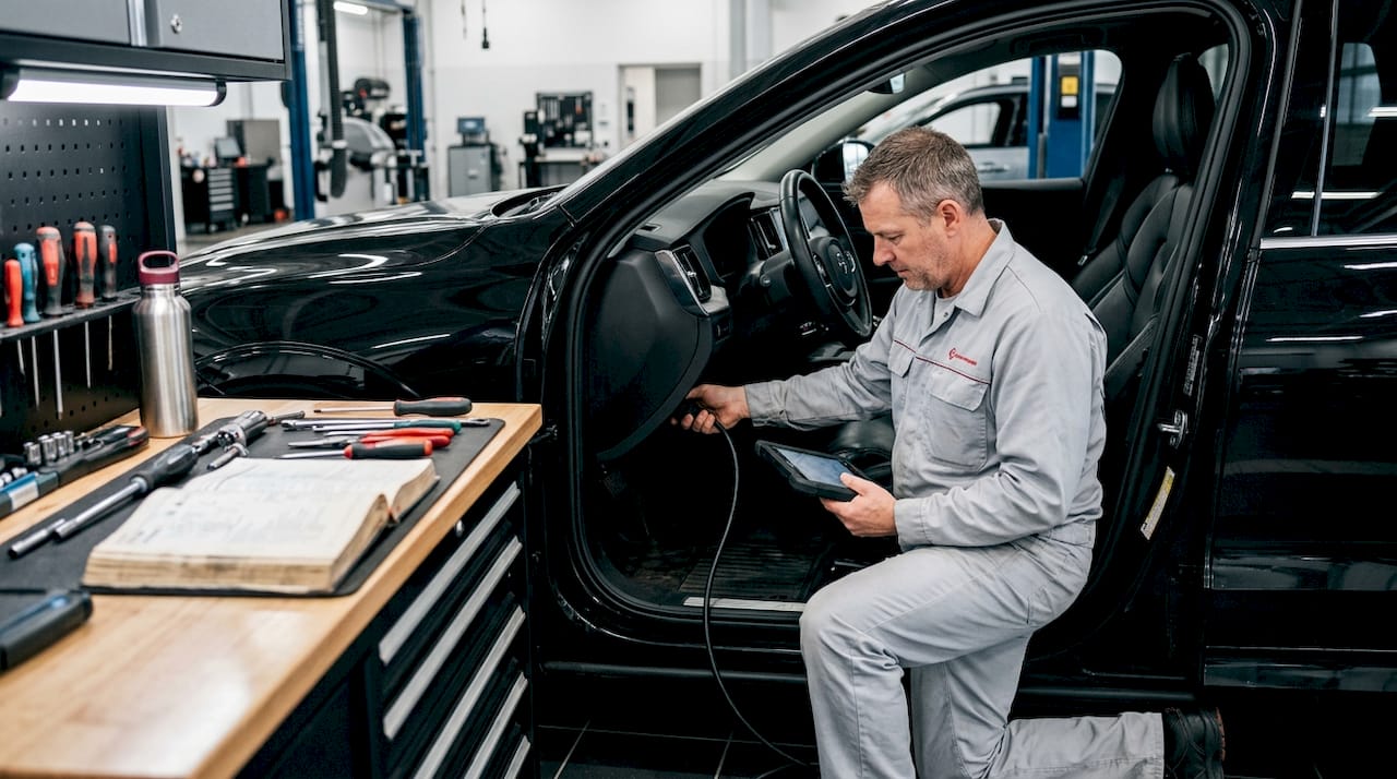 Technician performing vehicle software update diagnostics