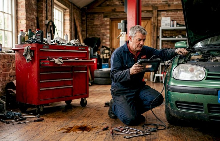 Auto technician diagnosing car in repair garage