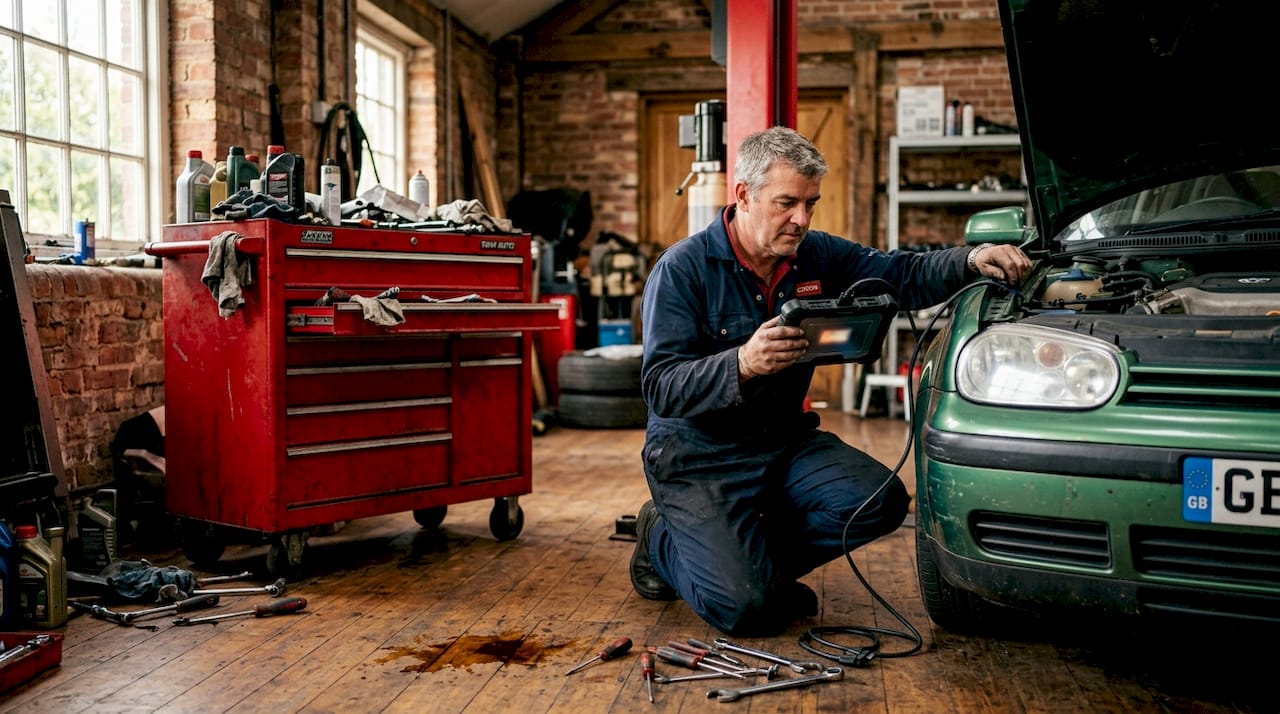 Auto technician diagnosing car in repair garage