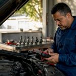 Mechanic diagnosing engine misfire in garage