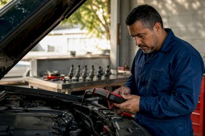 Mechanic diagnosing engine misfire in garage