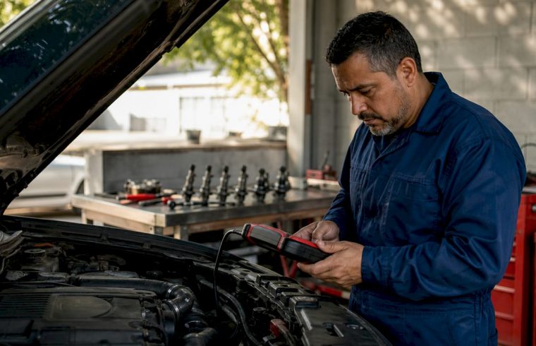Mechanic diagnosing engine misfire in garage