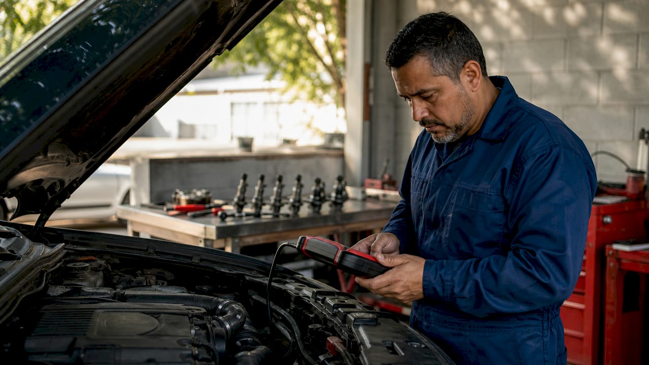 Mechanic diagnosing engine misfire in garage