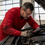 Auto technician inspecting vehicle engine in garage