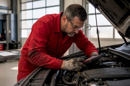 Auto technician inspecting vehicle engine in garage