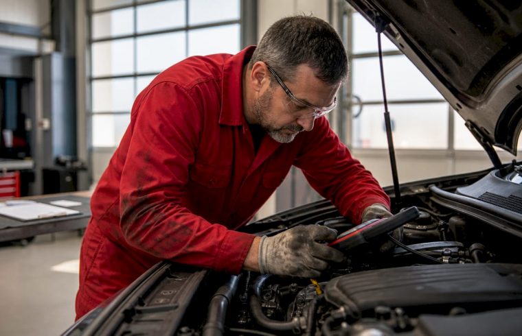 Auto technician inspecting vehicle engine in garage