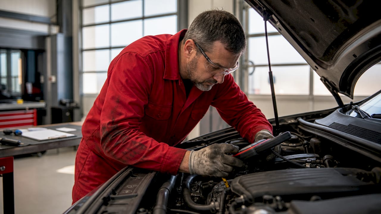 Auto technician inspecting vehicle engine in garage