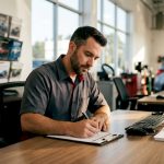 Service advisor writing repair order notes