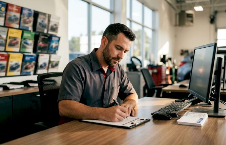 Service advisor writing repair order notes