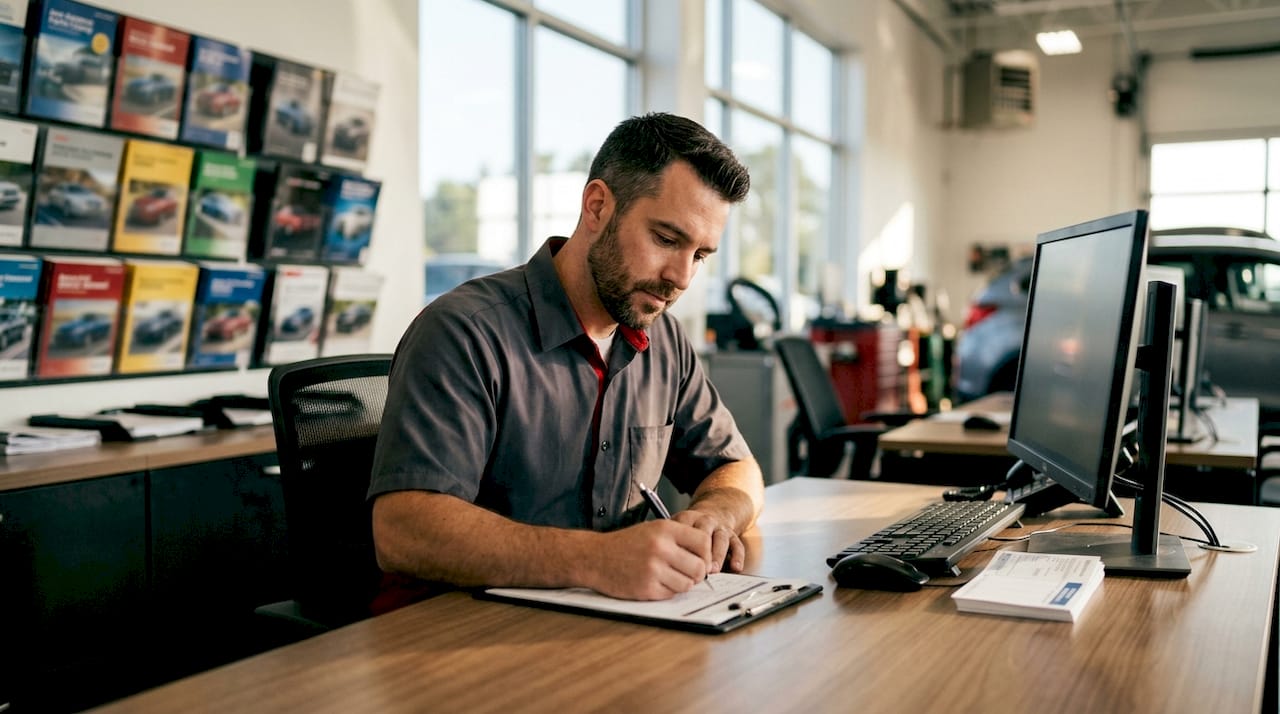 Service advisor writing repair order notes