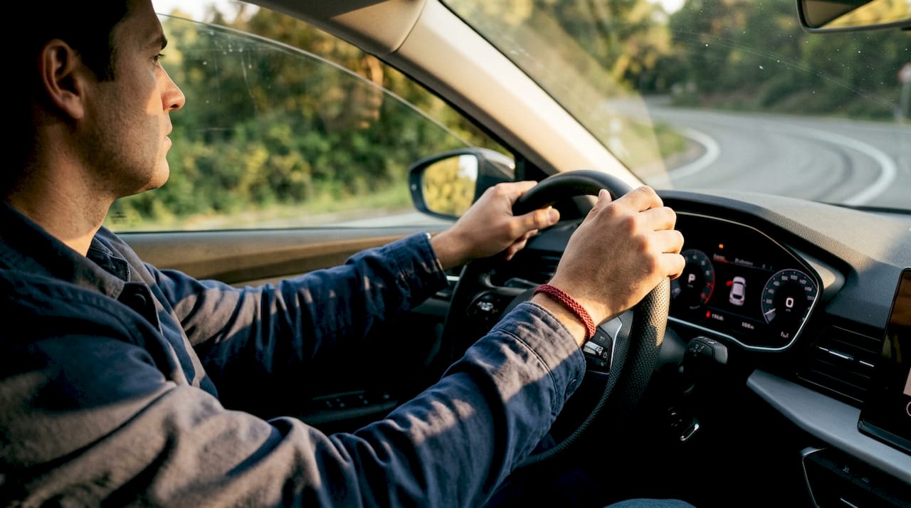 Hands on steering wheel navigating curve