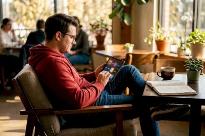 Person reviewing video streaming alternatives on tablet at home desk