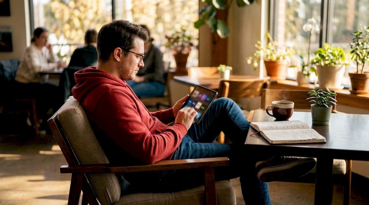 Person reviewing video streaming alternatives on tablet at home desk