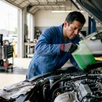 Mechanic inspecting engine coolant reservoir